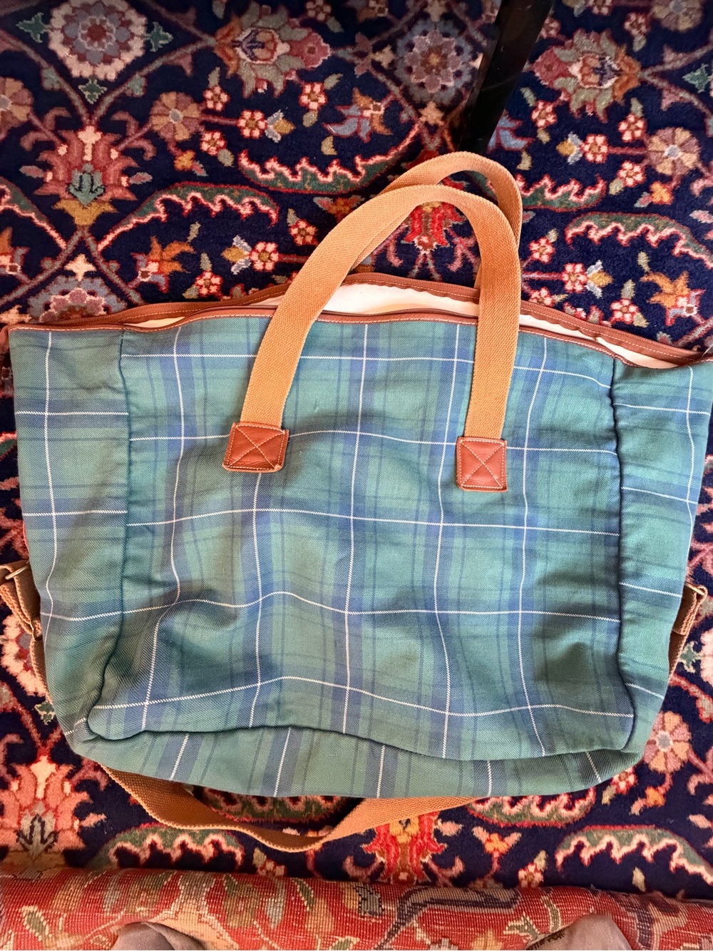 Vintage Laura Ashley Canvas Plaid Weekender Bag in Navy, Green with Tan Straps